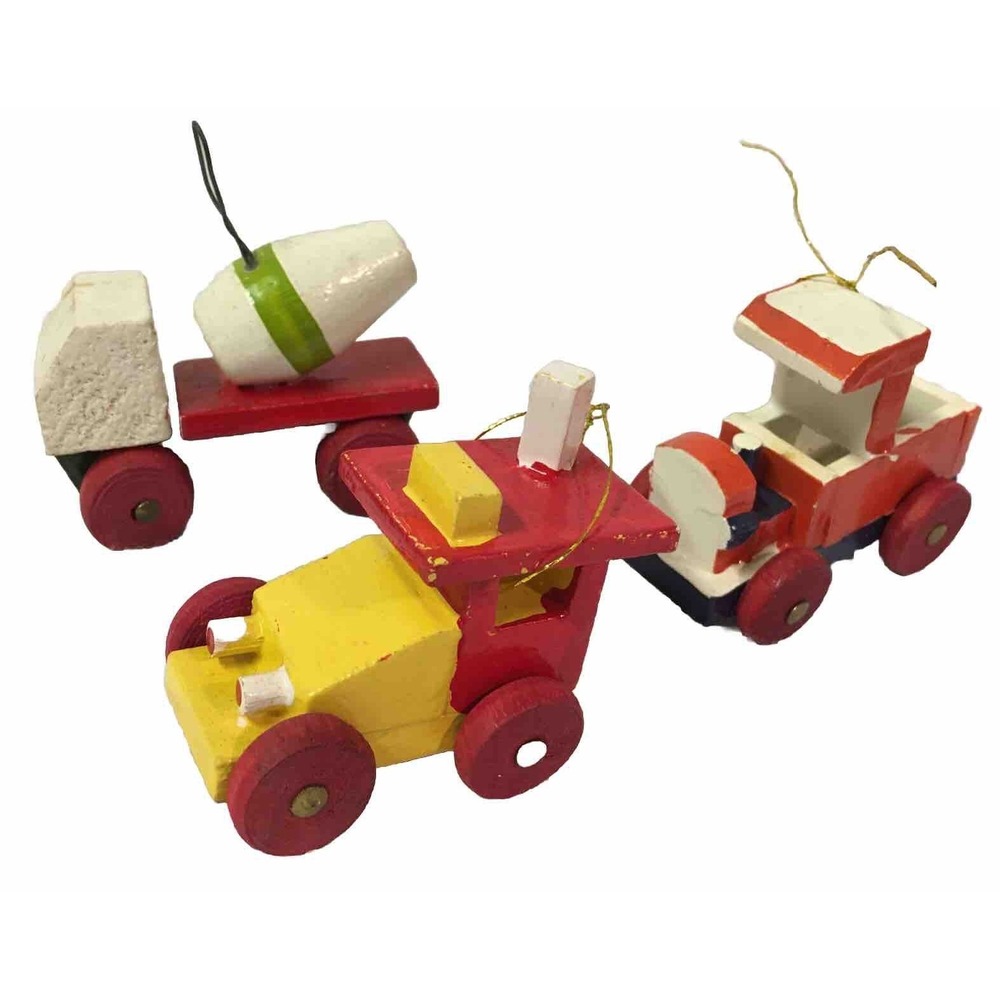 Vintage Set Of 3 Wooden Truck Ornaments Wheels Move Red Green Blue Miniature